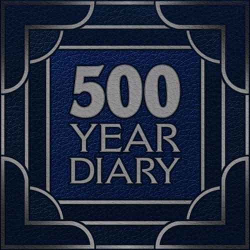 A logo with silver lettering in the same font as the credits from the late 70s of Doctor Who, embossed on a TARDIS-blue leather background.